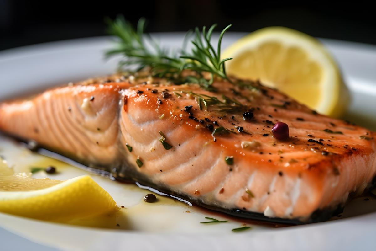 A plate of grilled salmon with lemon and dill, close-up, white background, realism, hd, 35mm photograph, sharp, sharpened, 8k picture