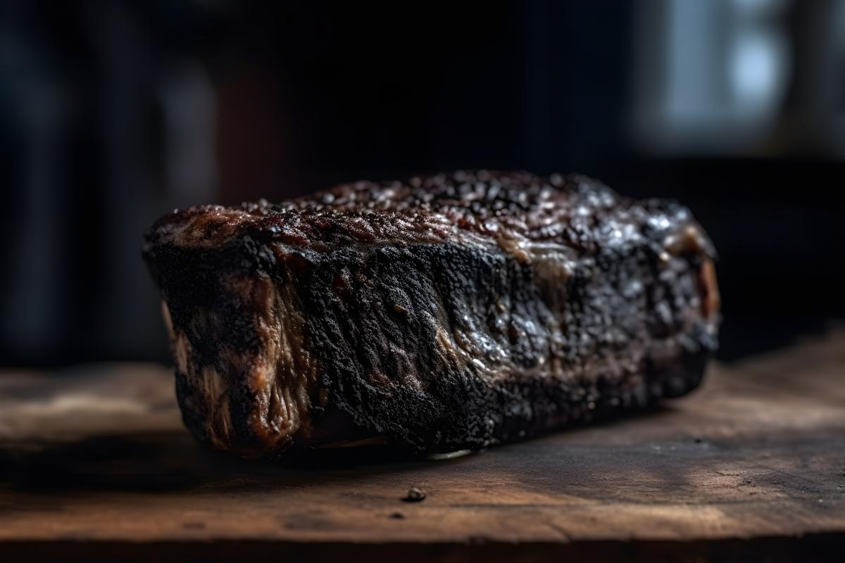 a piece of blackened rib of cow, sitting on a rustic style table realistic, realism, hd, 35mm photograph, sharp, sharpened, 8k picture