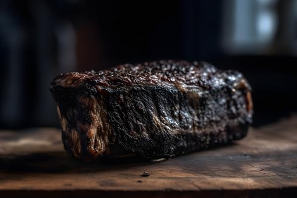 a piece of blackened rib of cow, sitting on a rustic style table realistic, realism, hd, 35mm photograph, sharp, sharpened, 8k