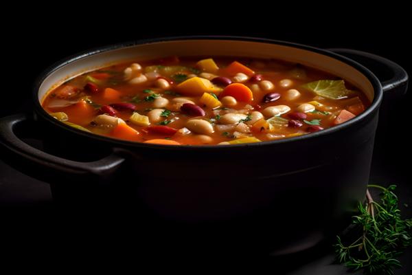 A pot of hearty minestrone soup with beans and vegetables, macro close-up, black background, realism, hd, 35mm photograph, sharp, sharpened, 8k
