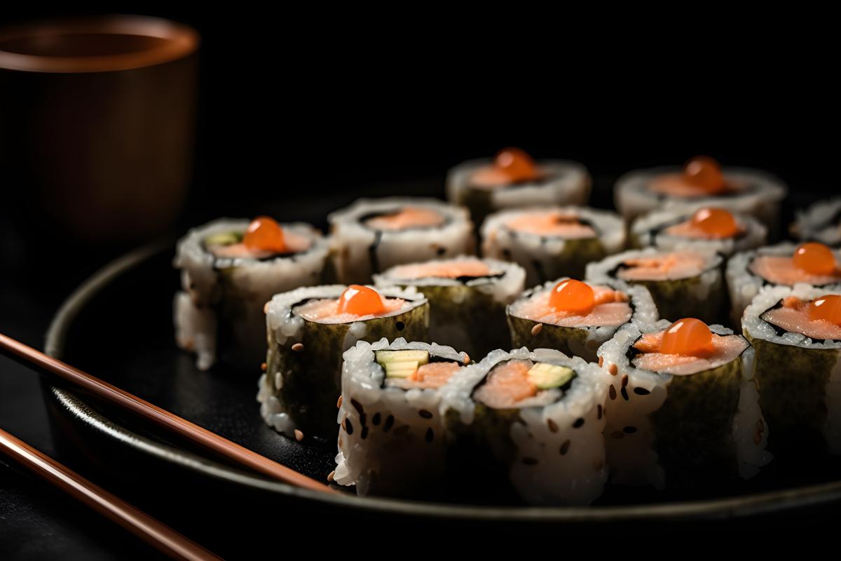 A platter of sushi rolls with soy sauce and chopsticks, macro close-up, black background, realism, hd, 35mm photograph, sharp, sharpened, 8k picture