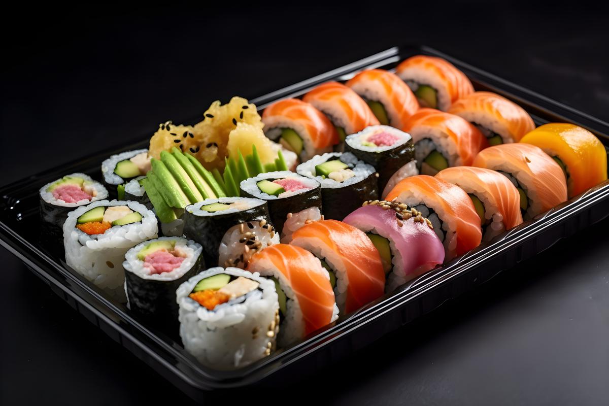 A tray of assorted sushi rolls with wasabi and ginger, close-up, white background, realism, hd, 35mm photograph, sharp, sharpened, 8k picture