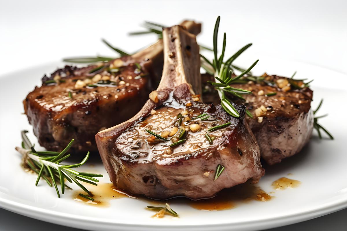 A plate of grilled lamb chops with rosemary and garlic, close-up, white background, realism, hd, 35mm photograph, sharp, sharpened, 8k picture