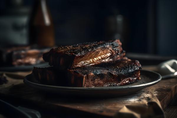 blackened cow ribs, sitting on a rustic style table realistic, realism, hd, 35mm photograph, sharp, sharpened, 8k