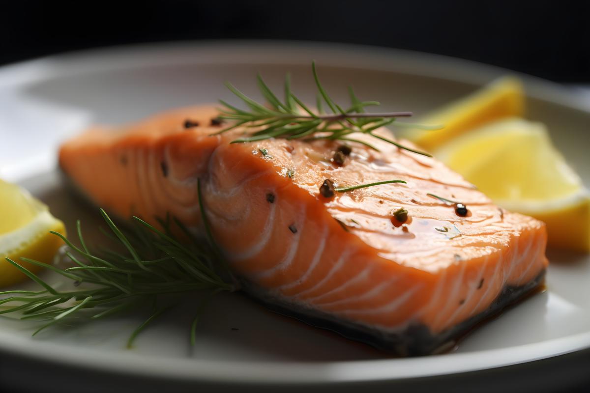 A plate of grilled salmon with lemon and dill, close-up, white background, realism, hd, 35mm photograph, sharp, sharpened, 8k picture