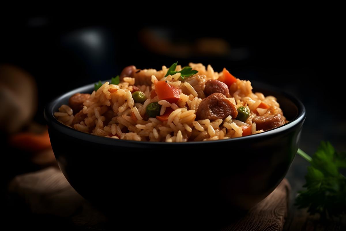 A bowl of spicy jambalaya with rice and sausage, macro close-up, black background, realism, hd, 35mm photograph, sharp, sharpened, 8k picture