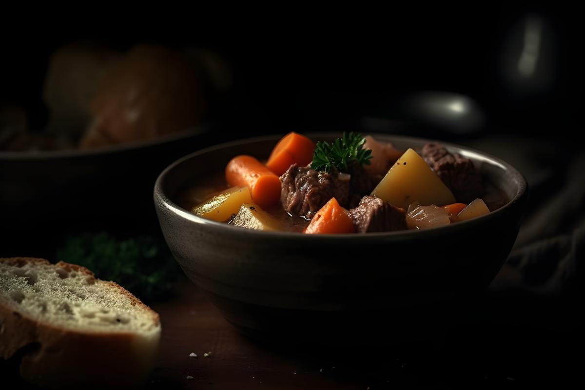 A bowl of hearty beef stew with vegetables and potatoes, macro close-up, black background, realism, hd, 35mm photograph, sharp, sharpened, 8k picture