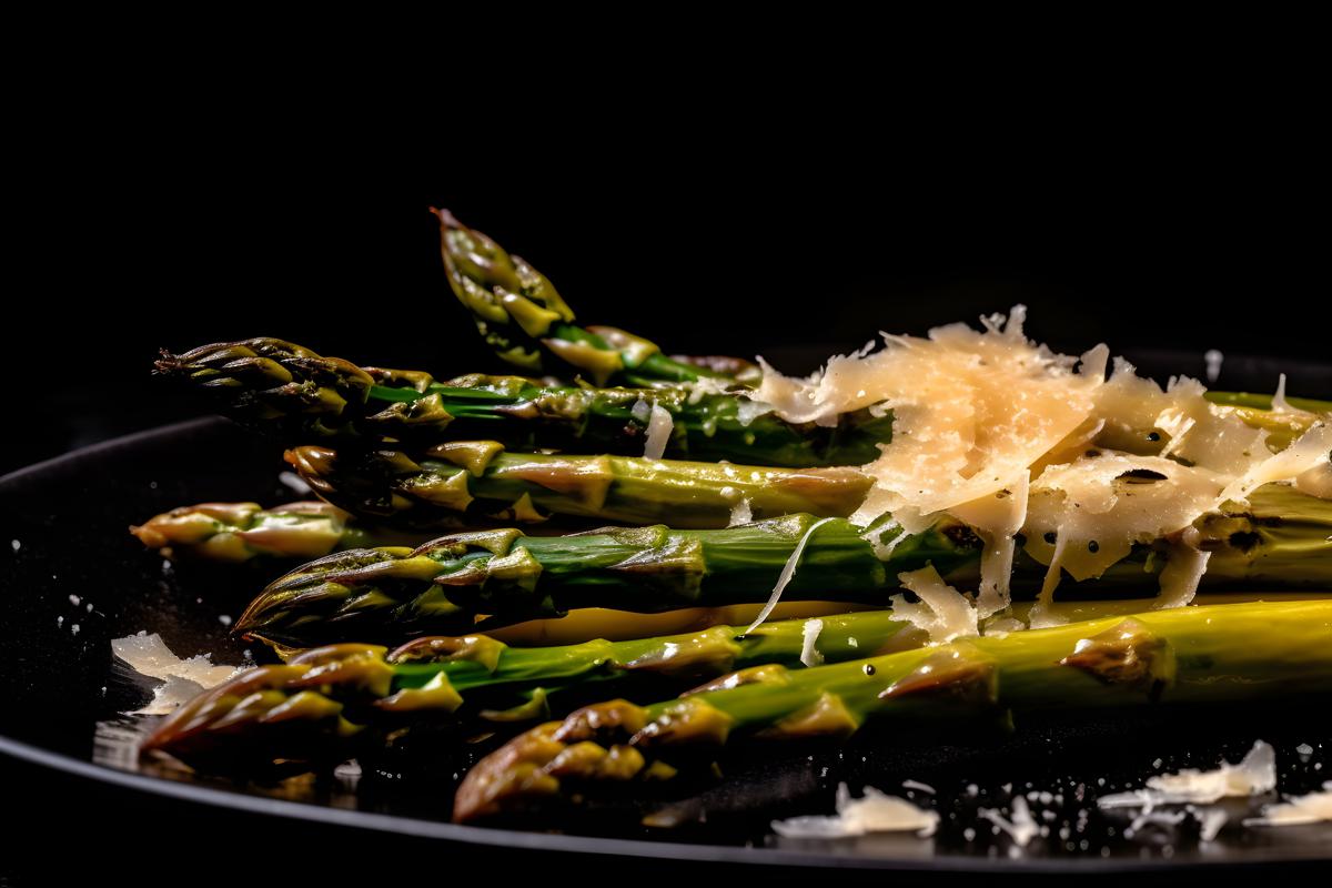 A plate of grilled asparagus with lemon and parmesan, macro close-up, black background, realism, hd, 35mm photograph, sharp, sharpened, 8k picture