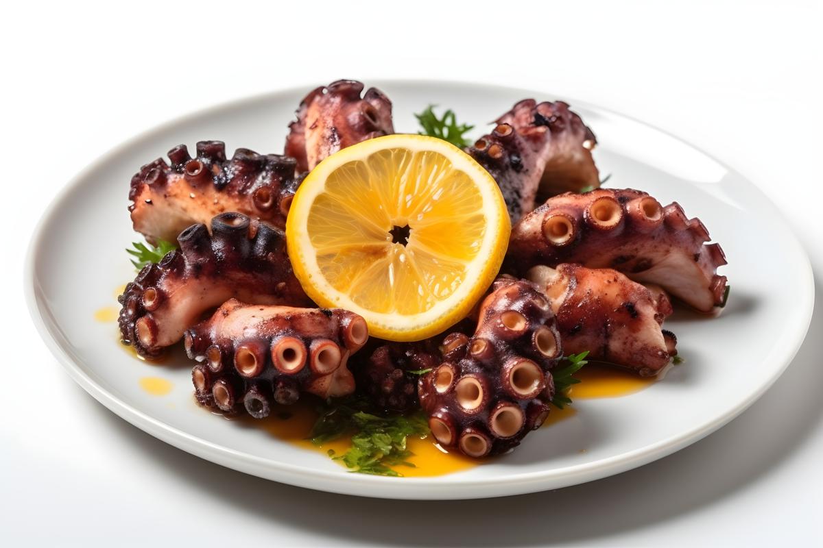 A plate of grilled octopus with lemon and garlic, close-up, white background, realism, hd, 35mm photograph, sharp, sharpened, 8k picture