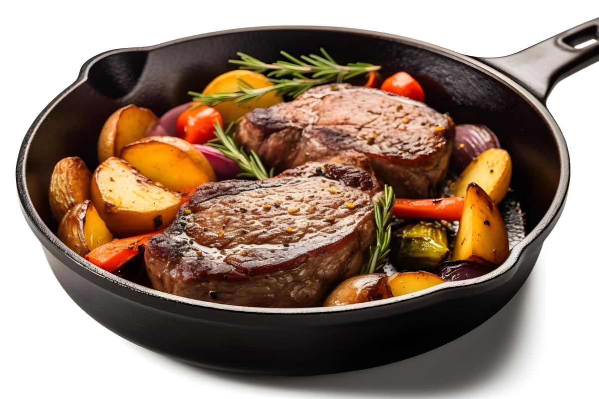 Sizzling steak on a cast-iron skillet with vegetables, close-up, white background, realism, hd, 35mm photograph, sharp, sharpened, 8k picture