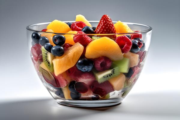 A colorful fruit salad in a glass bowl, close-up, white background, realism, hd, 35mm photograph, sharp, sharpened, 8k