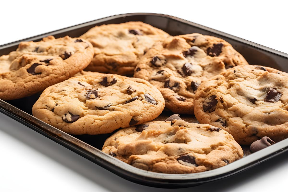 A tray of fresh-baked chocolate chip cookies, close-up, white background, realism, hd, 35mm photograph, sharp, sharpened, 8k picture