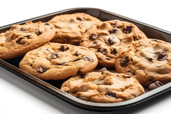 A tray of fresh-baked chocolate chip cookies, close-up, white background, realism, hd, 35mm photograph, sharp, sharpened, 8k