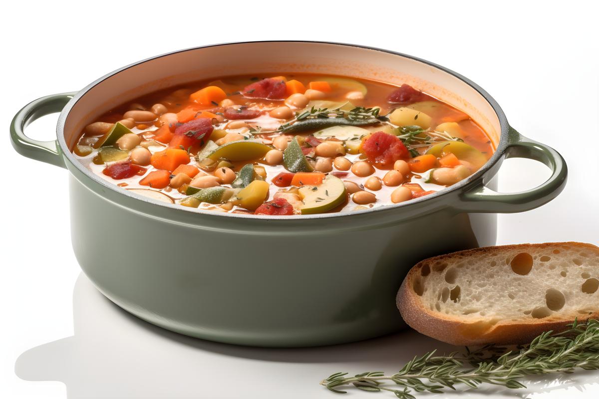 A pot of hearty minestrone soup with beans and vegetables, close-up, white background, realism, hd, 35mm photograph, sharp, sharpened, 8k picture