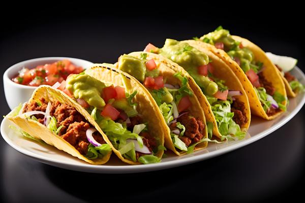A platter of tacos with salsa and guacamole, close-up, white background, realism, hd, 35mm photograph, sharp, sharpened, 8k