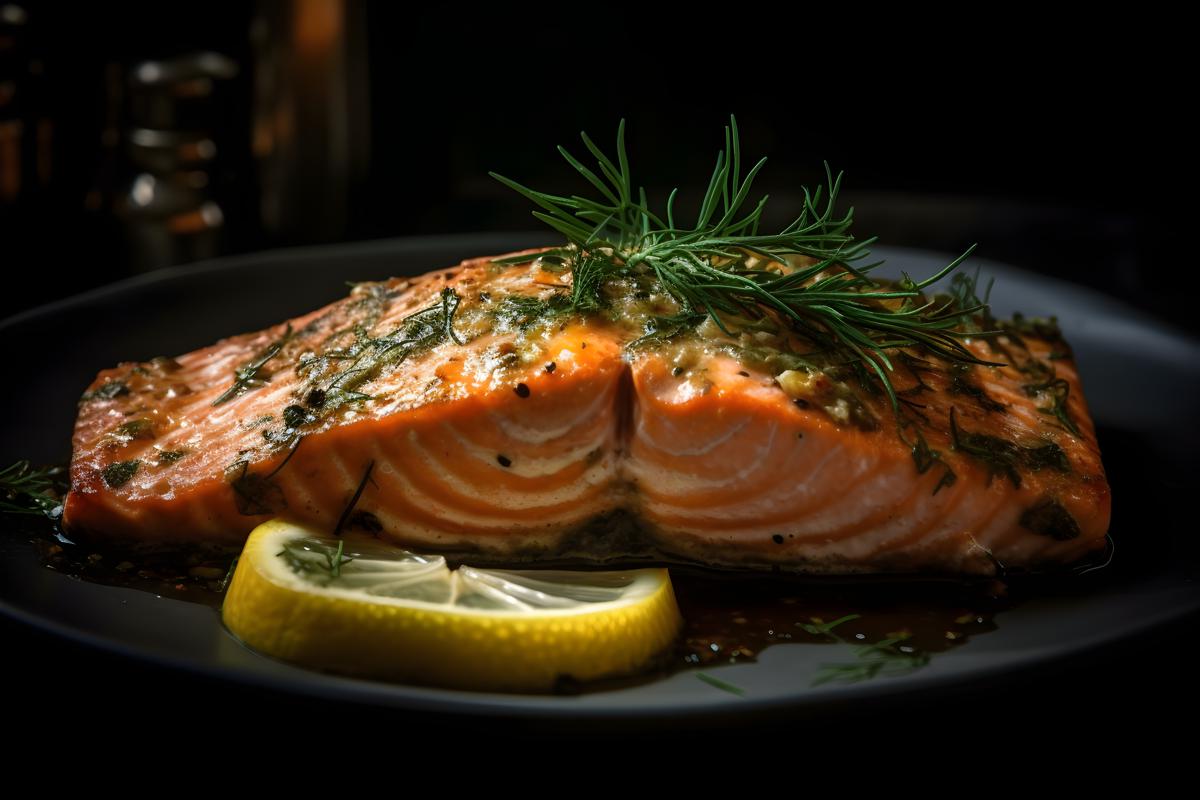 A plate of grilled salmon with lemon and dill, macro close-up, black background, realism, hd, 35mm photograph, sharp, sharpened, 8k picture