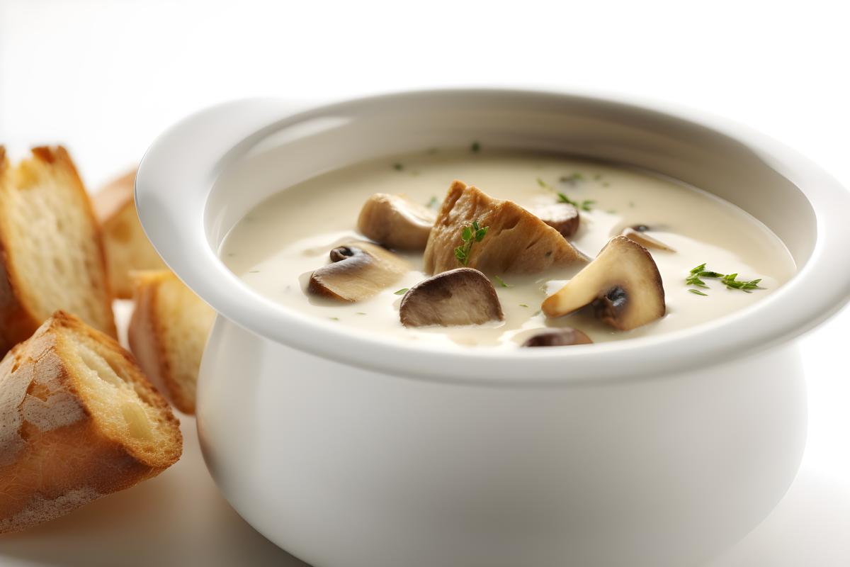 A pot of creamy mushroom soup with croutons, close-up, white background, realism, hd, 35mm photograph, sharp, sharpened, 8k picture