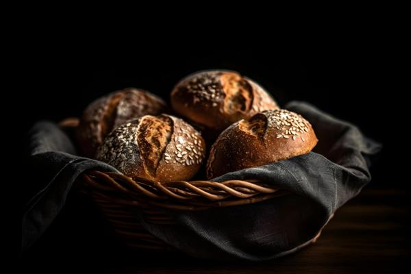 A basket of freshly baked bread on a wooden table, macro close-up, black background, realism, hd, 35mm photograph, sharp, sharpened, 8k