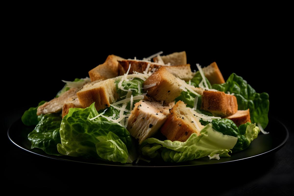 A plate of grilled chicken Caesar salad with croutons, macro close-up, black background, realism, hd, 35mm photograph, sharp, sharpened, 8k picture