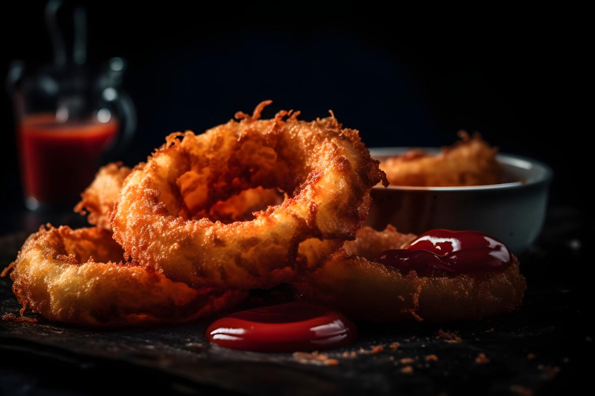 A tray of crispy onion rings with ketchup, macro close-up, black background, realism, hd, 35mm photograph, sharp, sharpened, 8k picture