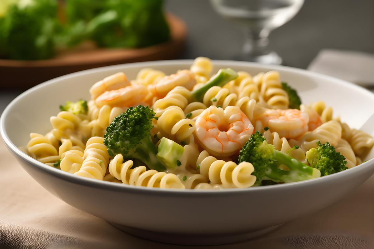 A plate of creamy pasta with shrimp and broccoli, close-up, white background, realism, hd, 35mm photograph, sharp, sharpened, 8k picture