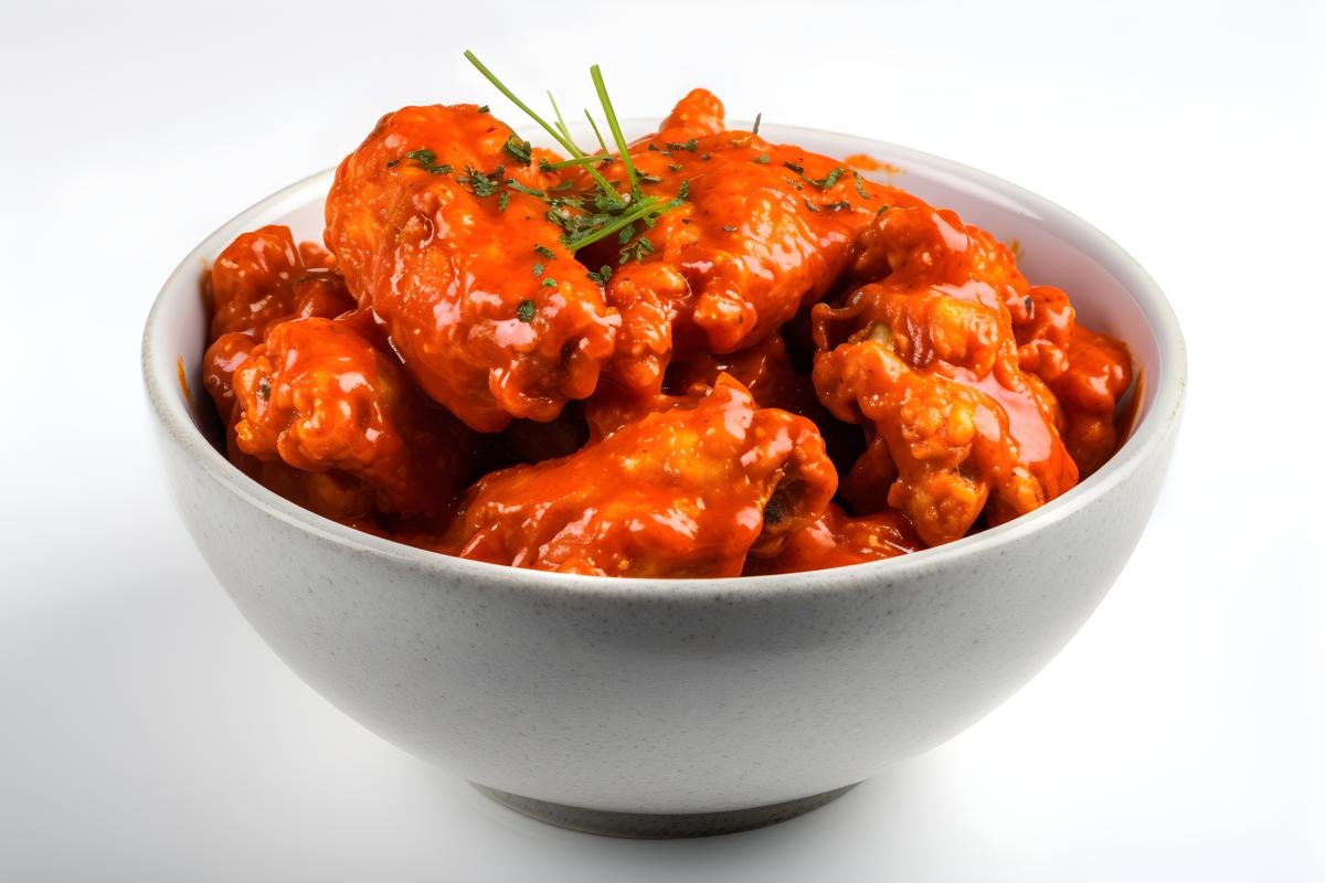 A bowl of hot and spicy buffalo wings, close-up, white background, realism, hd, 35mm photograph, sharp, sharpened, 8k picture