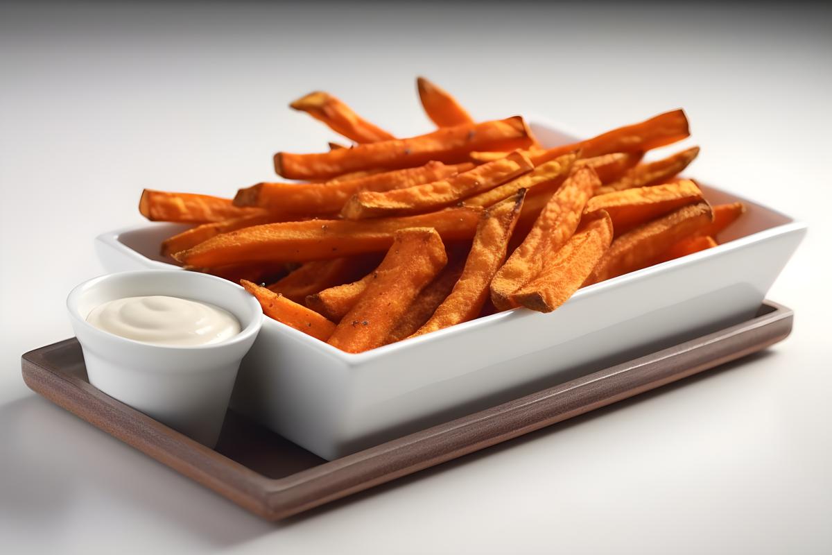 A tray of crispy sweet potato fries with dipping sauce, close-up, white background, realism, hd, 35mm photograph, sharp, sharpened, 8k picture