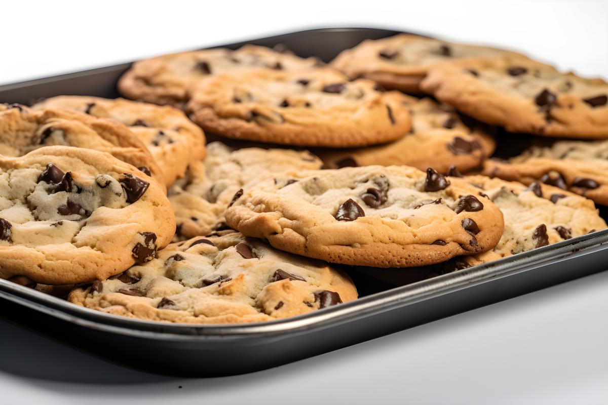 A tray of fresh-baked chocolate chip cookies, close-up, white background, realism, hd, 35mm photograph, sharp, sharpened, 8k picture