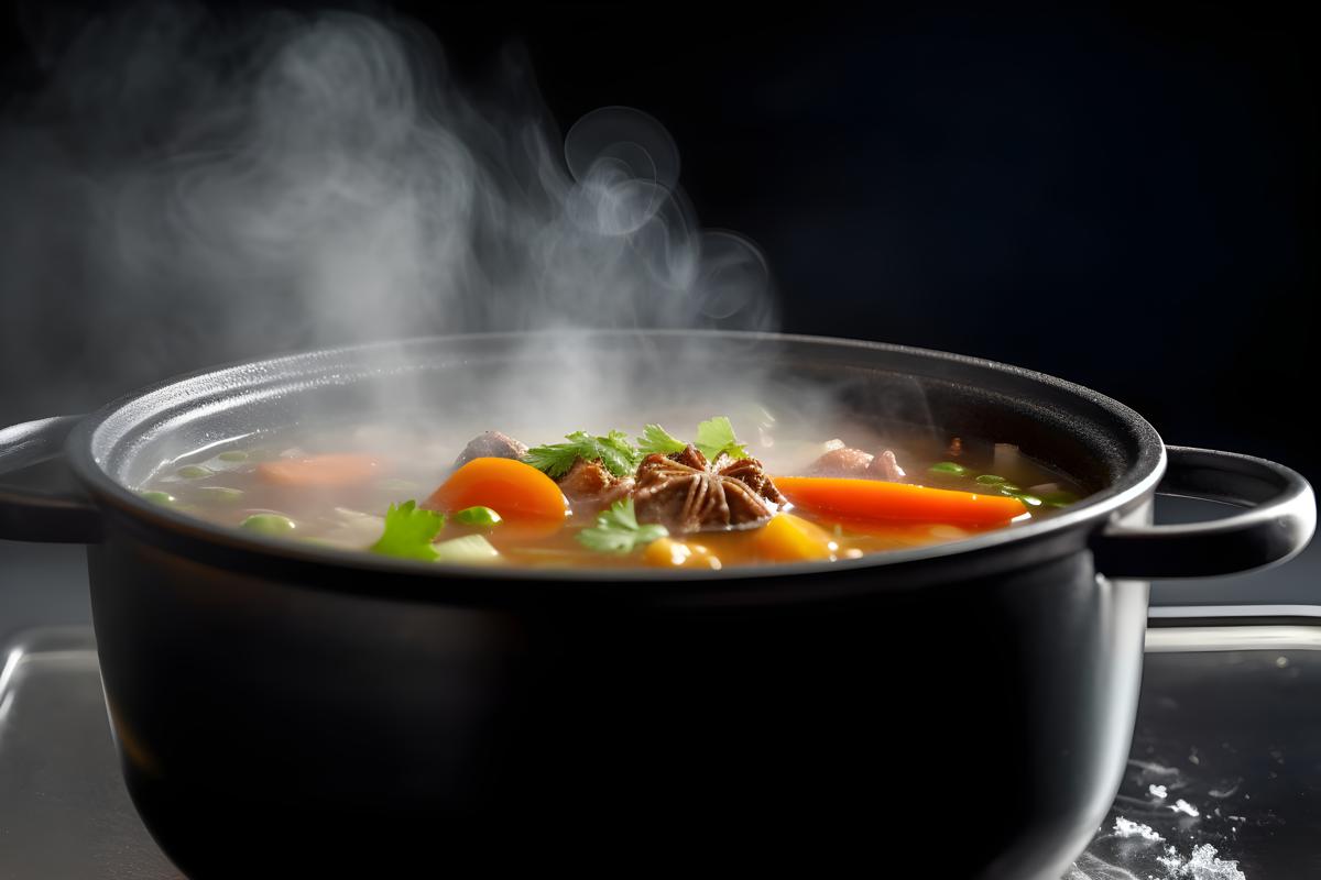 A pot of steaming hot soup with vegetables and meat, close-up, white background, realism, hd, 35mm photograph, sharp, sharpened, 8k picture