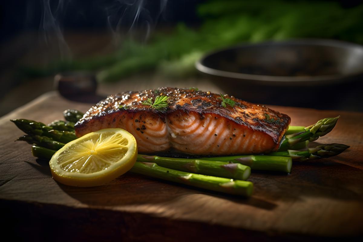 a piece of blackened salmon grilled and asparagus with lemon butter, sitting on a rustic style table realistic, realism, hd, 35mm photograph, sharp, sharpened, 8k picture