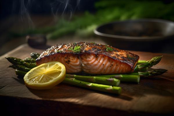 a piece of blackened salmon grilled and asparagus with lemon butter, sitting on a rustic style table realistic, realism, hd, 35mm photograph, sharp, sharpened, 8k