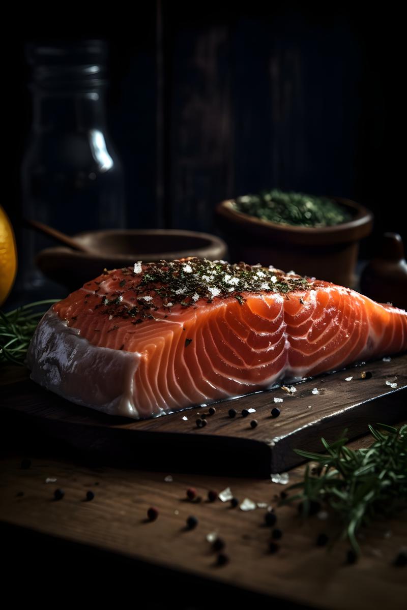 low angle view Raw salmon steak and spices, sitting on a rustic style table realistic, black background realism, hd, 35mm photograph, sharp, sharpened, 8k picture