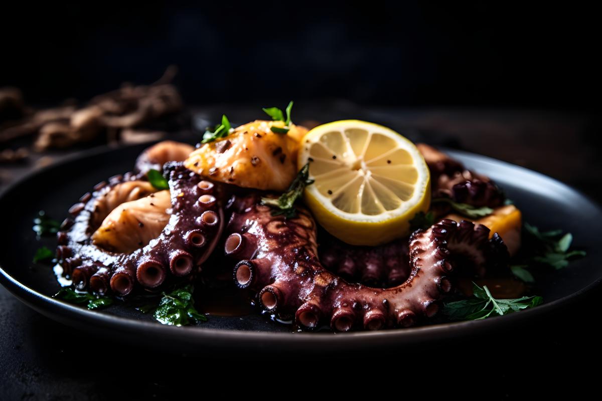 A plate of grilled octopus with lemon and garlic, macro close-up, black background, realism, hd, 35mm photograph, sharp, sharpened, 8k picture