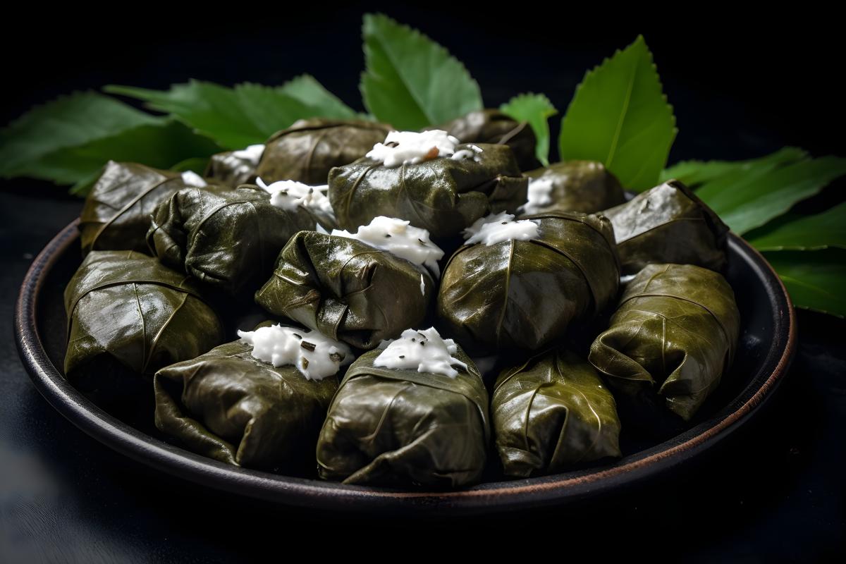 A platter of Greek-style dolmades with tzatziki sauce, macro close-up, black background, realism, hd, 35mm photograph, sharp, sharpened, 8k picture