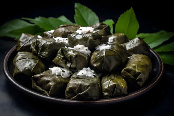 A platter of Greek-style dolmades with tzatziki sauce, macro close-up, black background, realism, hd, 35mm photograph, sharp, sharpened, 8k