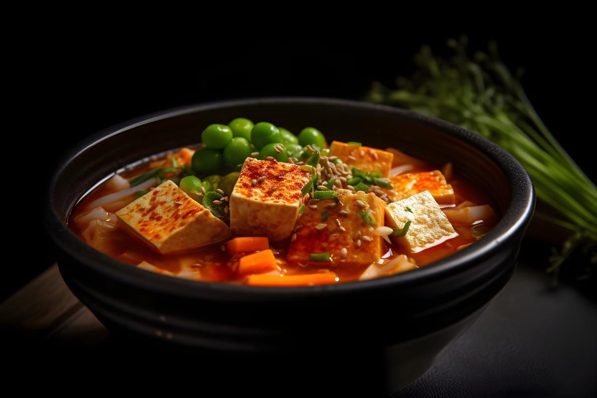 A bowl of spicy kimchi stew with tofu and vegetables, macro close-up, black background, realism, hd, 35mm photograph, sharp, sharpened, 8k picture