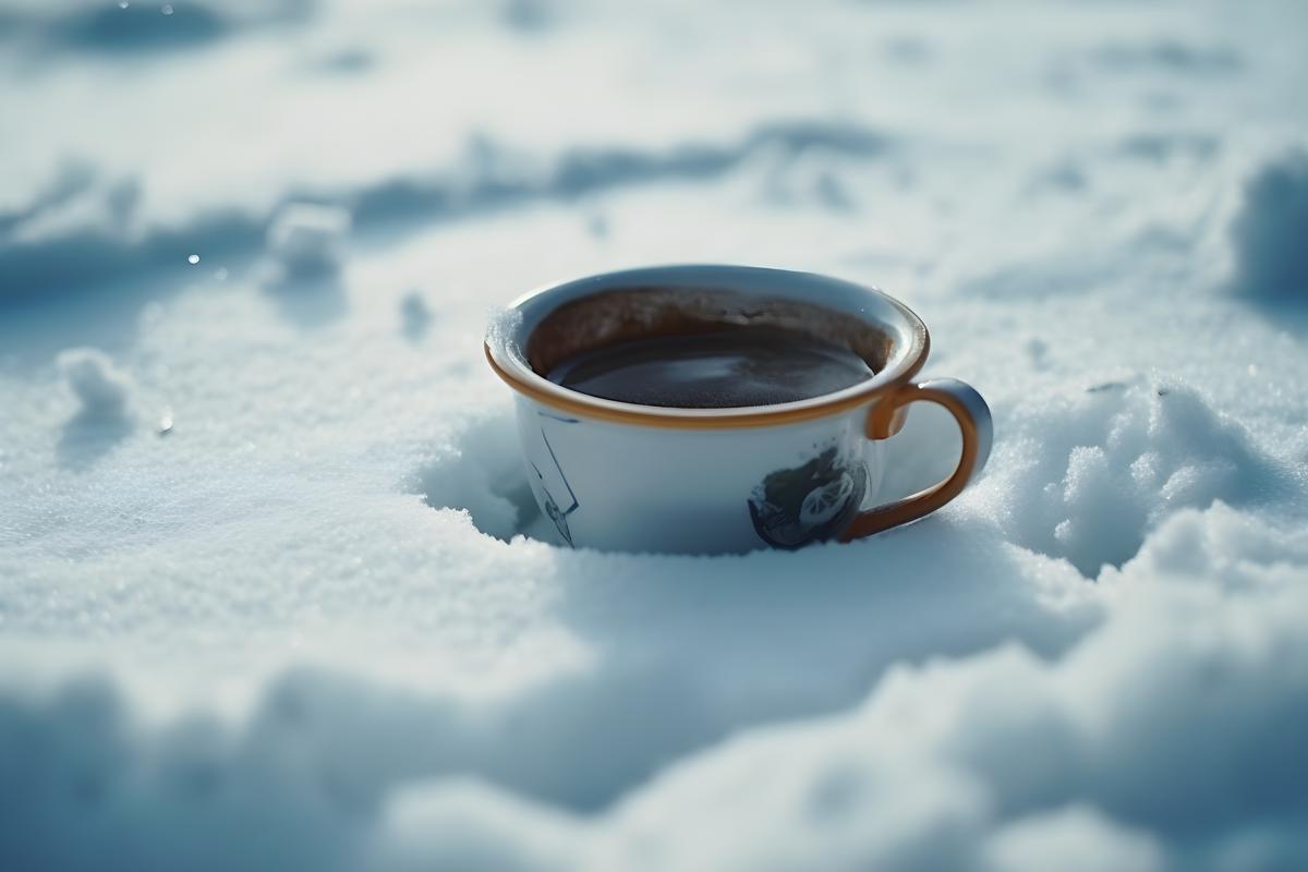 a cup of coffee buried in the snow, realism, hd, 35mm photograph, sharp, sharpened, 8k picture