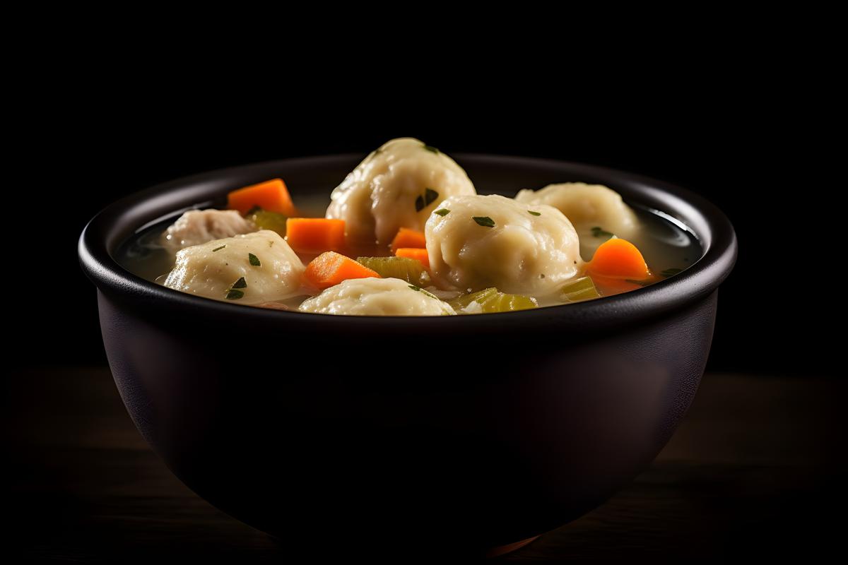 A bowl of hearty chicken and dumpling soup, macro close-up, black background, realism, hd, 35mm photograph, sharp, sharpened, 8k picture