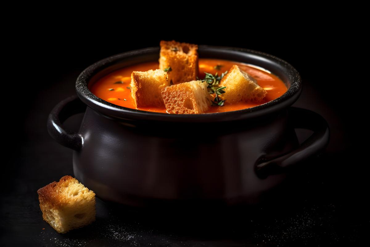 A pot of creamy tomato soup with croutons, macro close-up, black background, realism, hd, 35mm photograph, sharp, sharpened, 8k picture