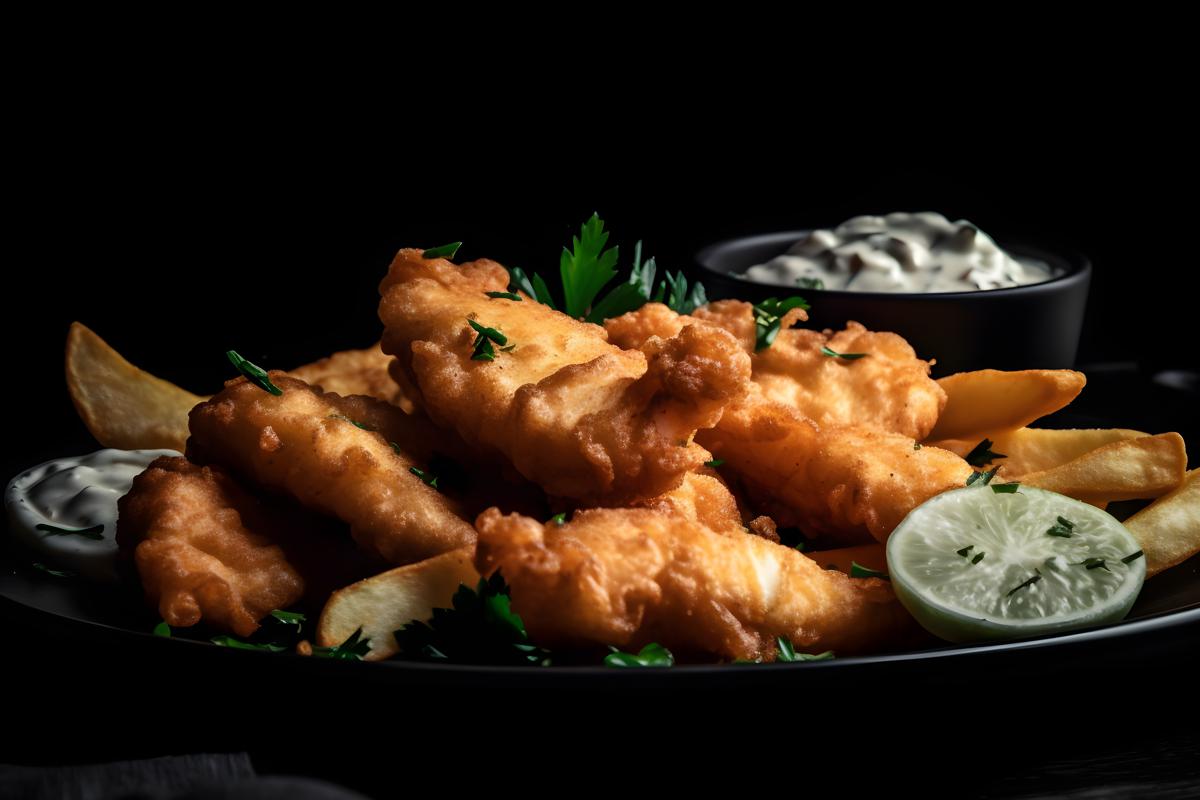 A tray of crispy fish and chips with tartar sauce, macro close-up, black background, realism, hd, 35mm photograph, sharp, sharpened, 8k picture