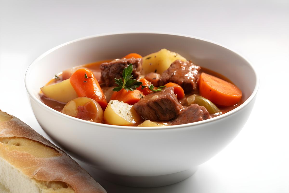 A bowl of hearty beef stew with vegetables and potatoes, close-up, white background, realism, hd, 35mm photograph, sharp, sharpened, 8k picture