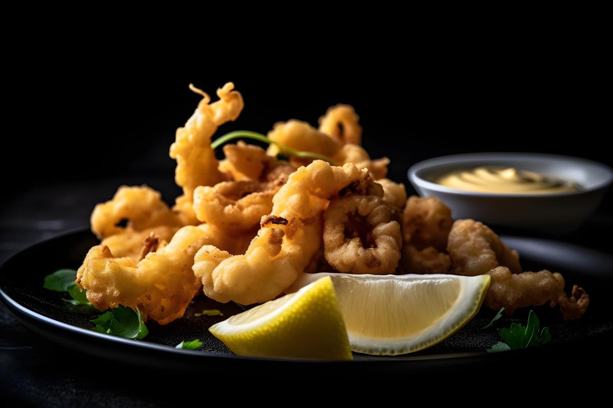 A tray of crispy fried calamari with lemon and aioli sauce, macro close-up, black background, realism, hd, 35mm photograph, sharp, sharpened, 8k picture