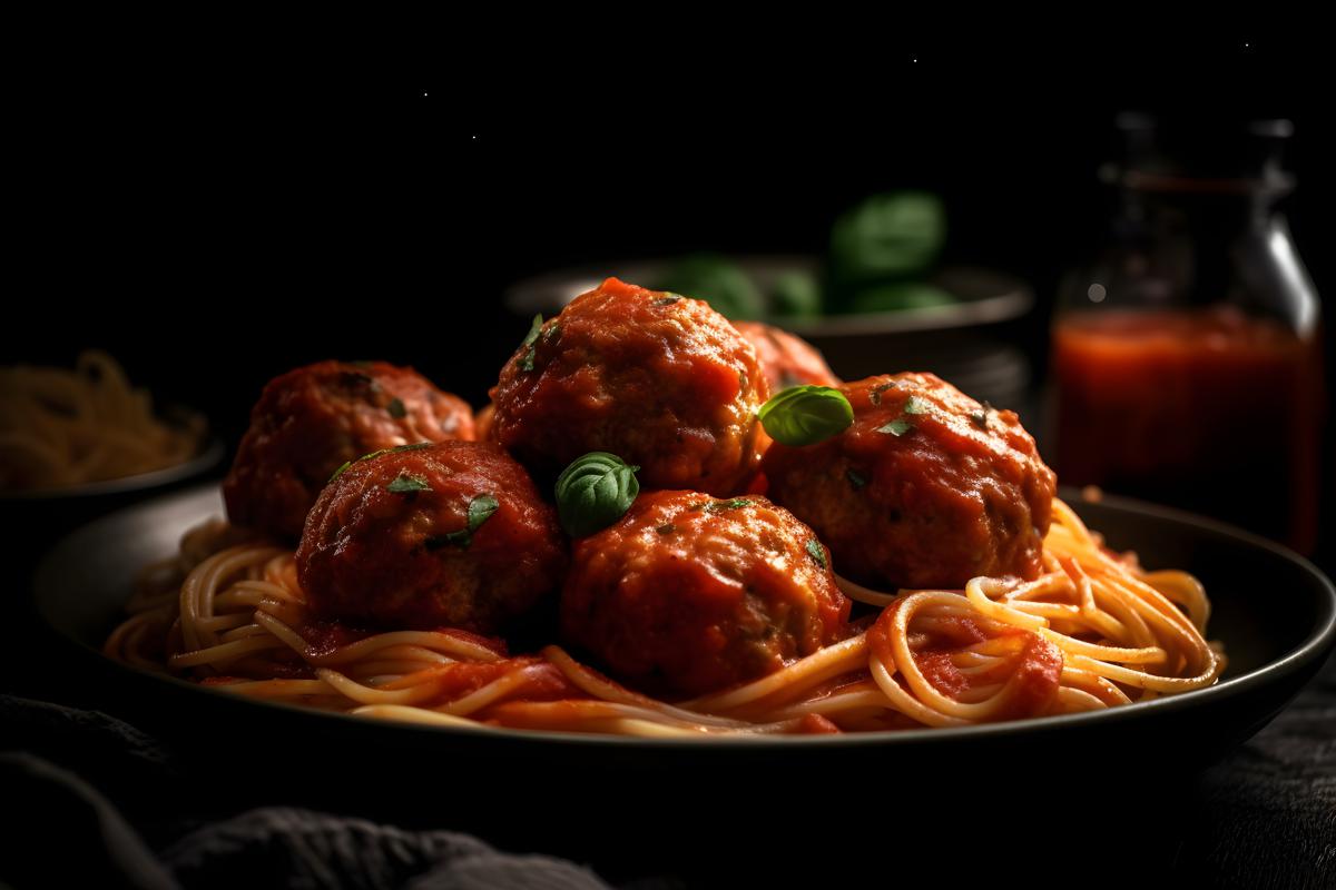 A plate of spaghetti and meatballs with tomato sauce, macro close-up, black background, realism, hd, 35mm photograph, sharp, sharpened, 8k picture