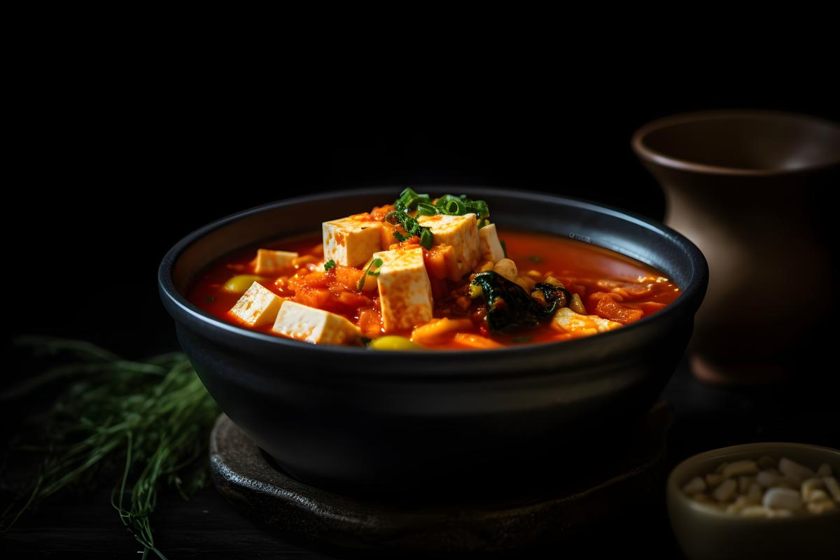 A bowl of spicy kimchi stew with tofu and vegetables, macro close-up, black background, realism, hd, 35mm photograph, sharp, sharpened, 8k picture
