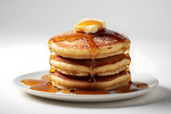 A stack of fluffy pancakes with maple syrup and butter, close-up, white background, realism, hd, 35mm photograph, sharp, sharpened, 8k