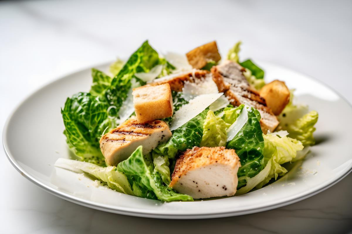 A plate of grilled chicken Caesar salad with croutons, close-up, white background, realism, hd, 35mm photograph, sharp, sharpened, 8k picture