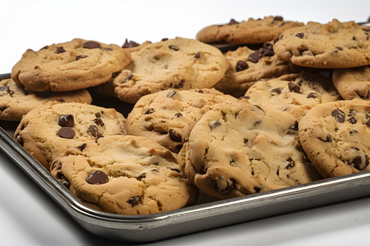 A tray of fresh-baked chocolate chip cookies, close-up, white background, realism, hd, 35mm photograph, sharp, sharpened, 8k picture