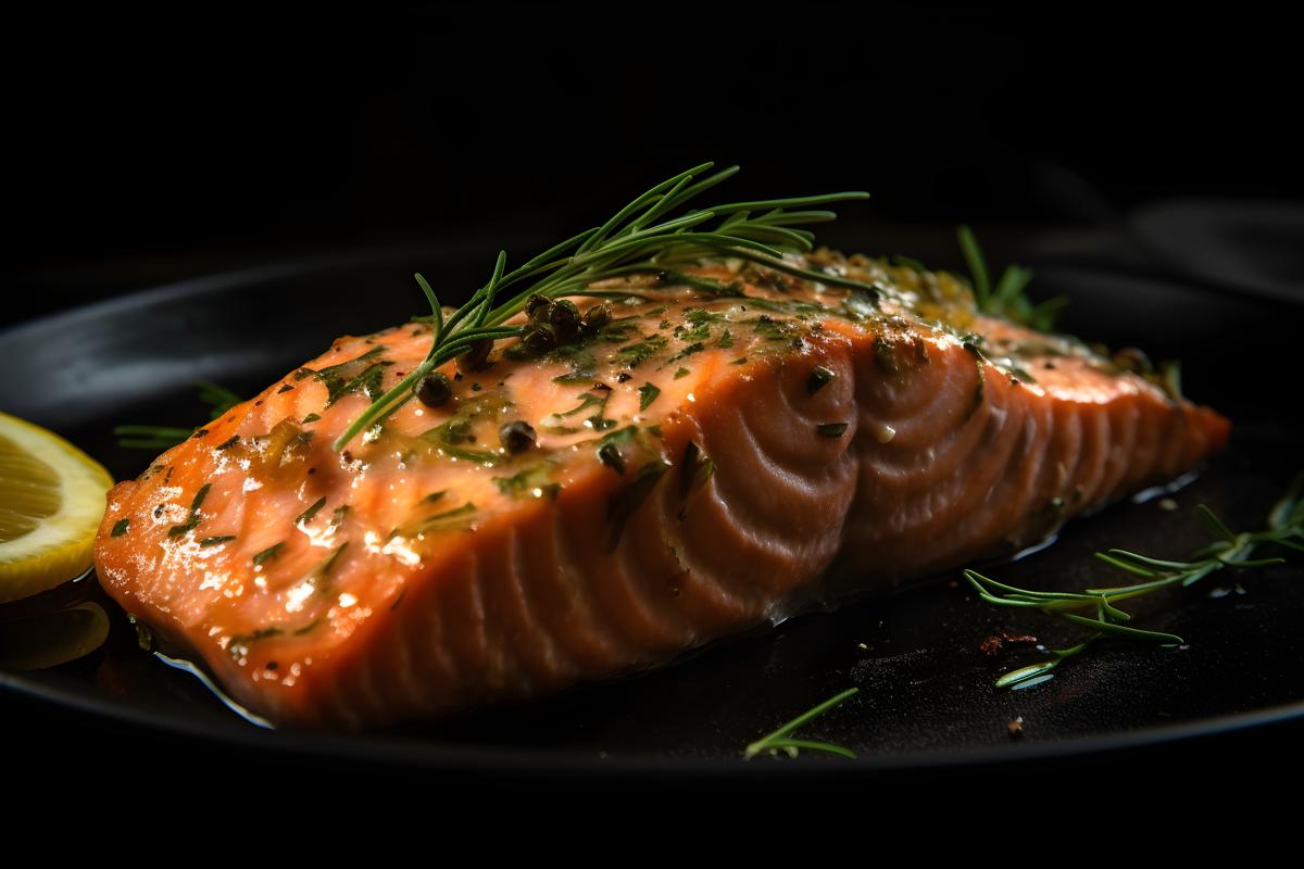 A plate of grilled salmon with lemon and dill, macro close-up, black background, realism, hd, 35mm photograph, sharp, sharpened, 8k picture