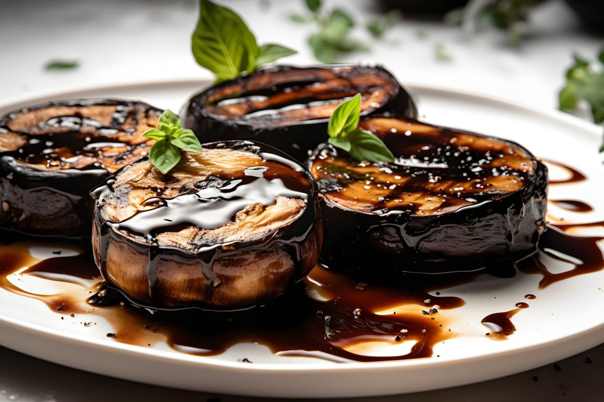 A plate of grilled portobello mushrooms with balsamic glaze, close-up, white background, realism, hd, 35mm photograph, sharp, sharpened, 8k picture