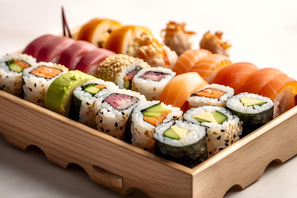 A tray of assorted sushi rolls with wasabi and ginger, close-up, white background, realism, hd, 35mm photograph, sharp, sharpened, 8k picture